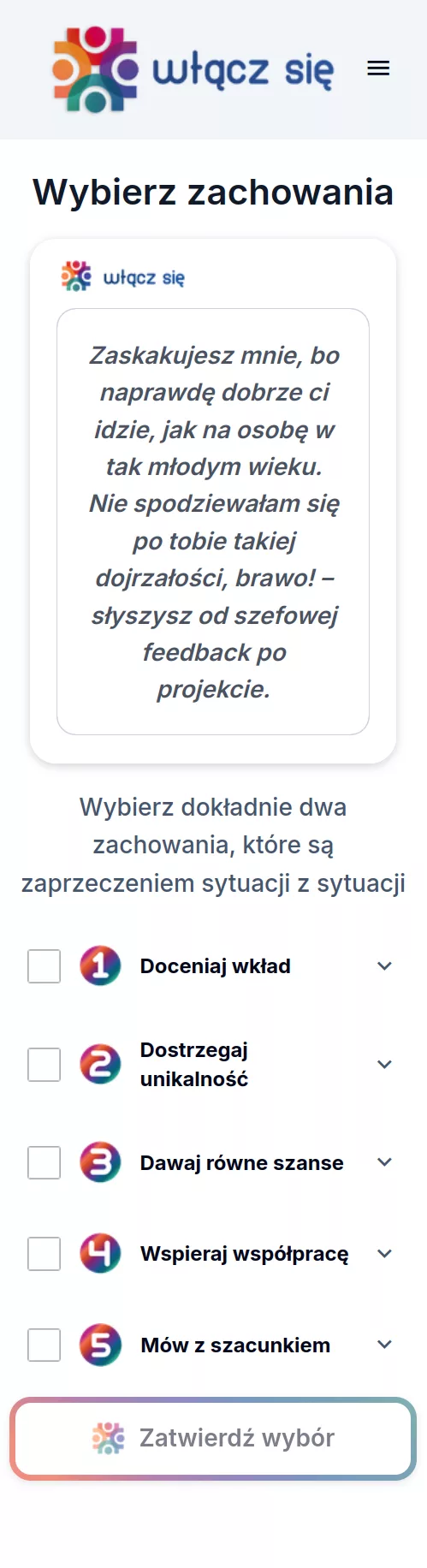 Wybór 2 z 5 zachowań.