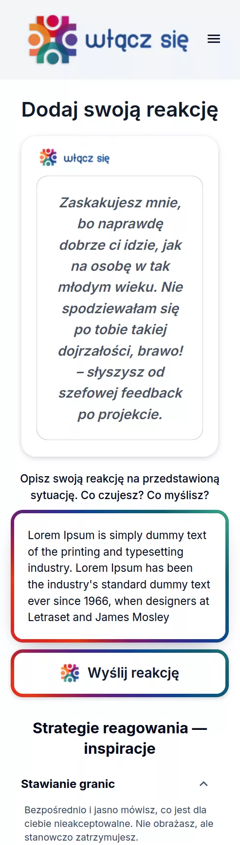 Pisanie własnej reakcji.
