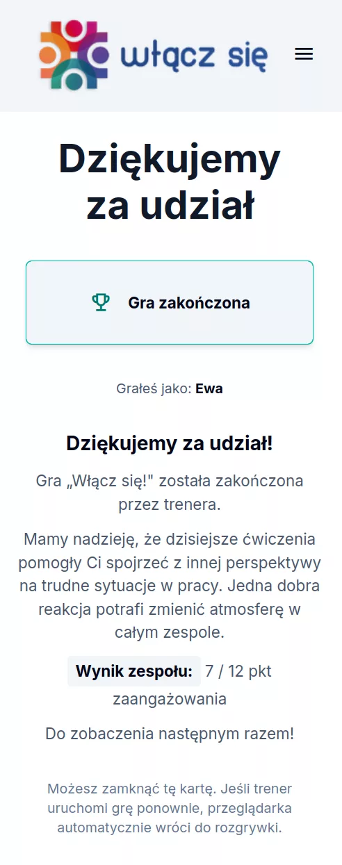 Ekran zakończenia gry.